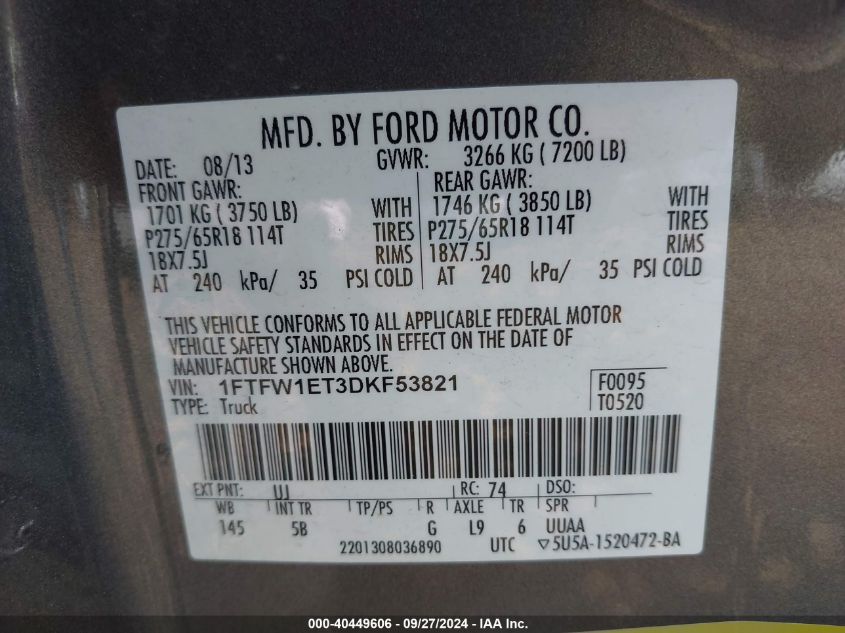 2013 Ford F-150 Fx4 VIN: 1FTFW1ET3DKF53821 Lot: 40449606