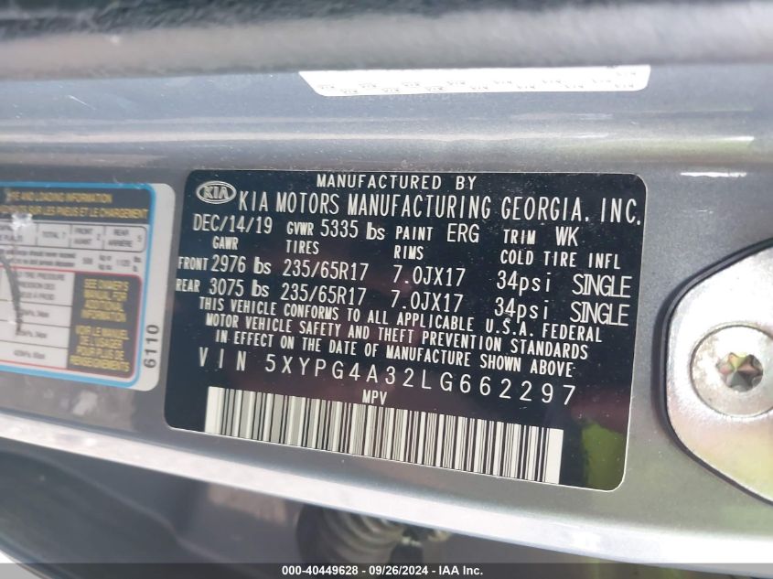 2020 Kia Sorento 2.4L Lx VIN: 5XYPG4A32LG662297 Lot: 40449628