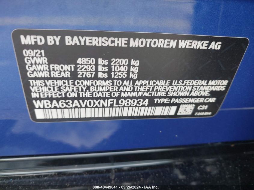 2022 BMW 430I Gran Coupe VIN: WBA63AV0XNFL98934 Lot: 40449641