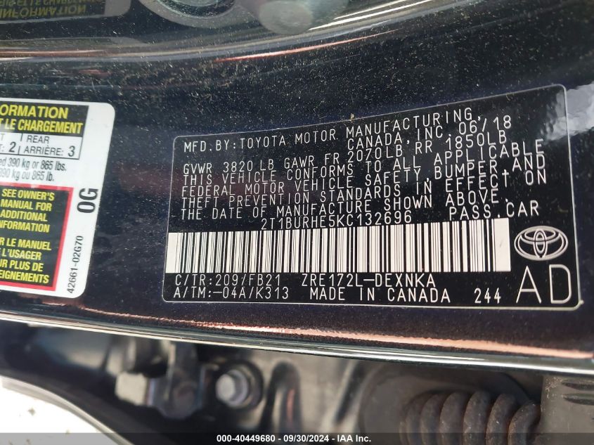 VIN 2T1BURHE5KC132696 2019 TOYOTA COROLLA LE