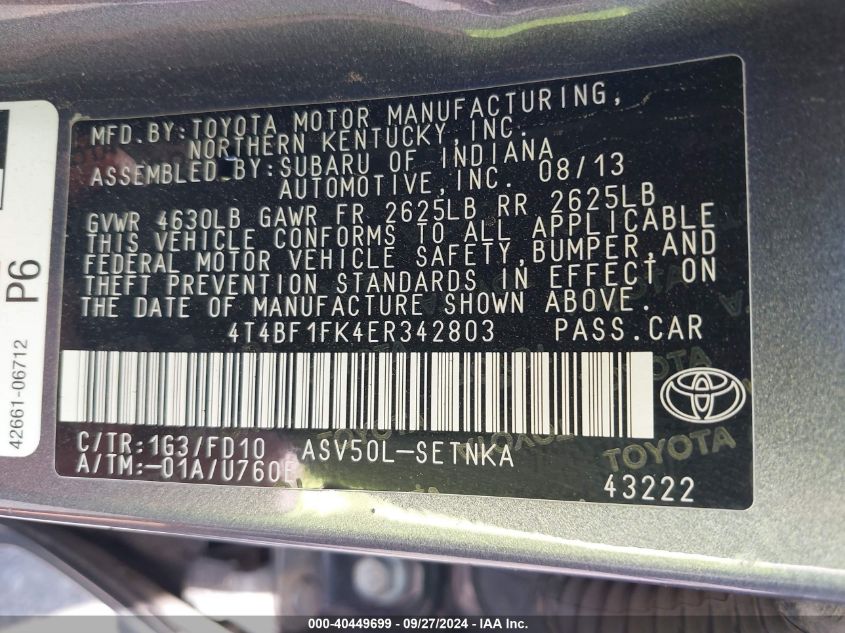 4T4BF1FK4ER342803 2014 Toyota Camry Le