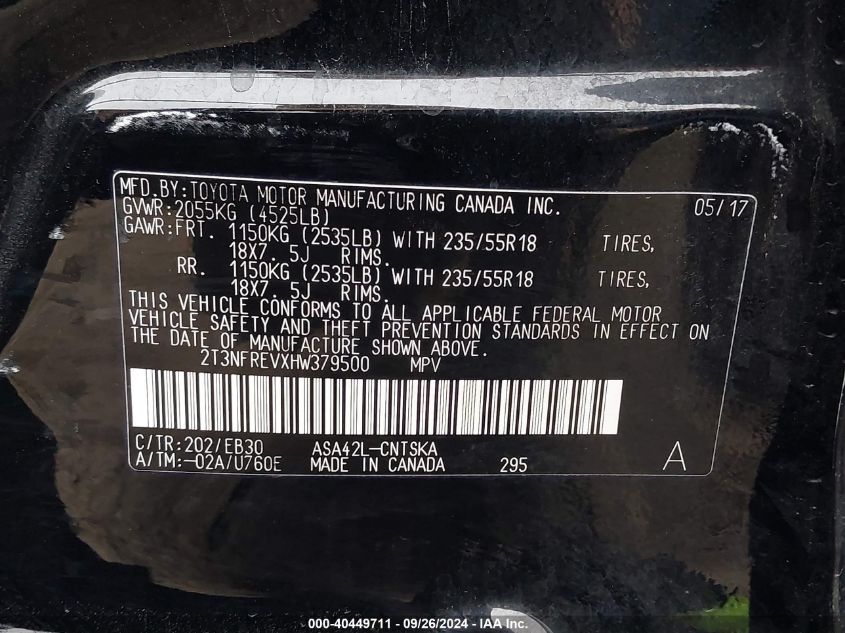 2T3NFREVXHW379500 2017 Toyota Rav4 Se