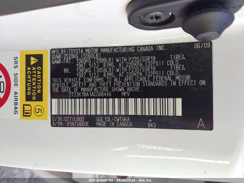 2T2ZK1BA1AC008446 2010 Lexus Rx 350