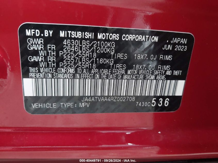 2024 Mitsubishi Eclipse Cross Le S-Awc VIN: JA4ATVAA4RZ002708 Lot: 40449791