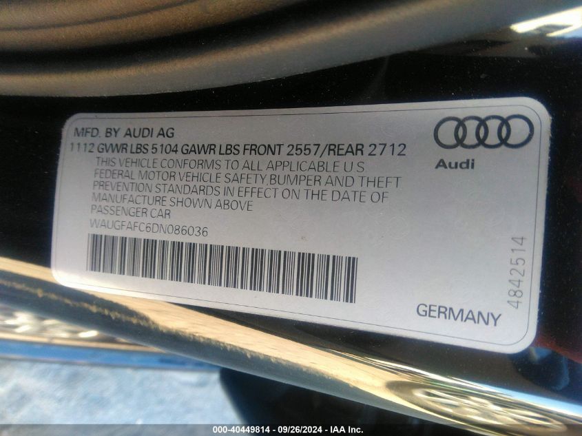 2013 Audi A6 2.0T Premium VIN: WAUGFAFC6DN086036 Lot: 40449814