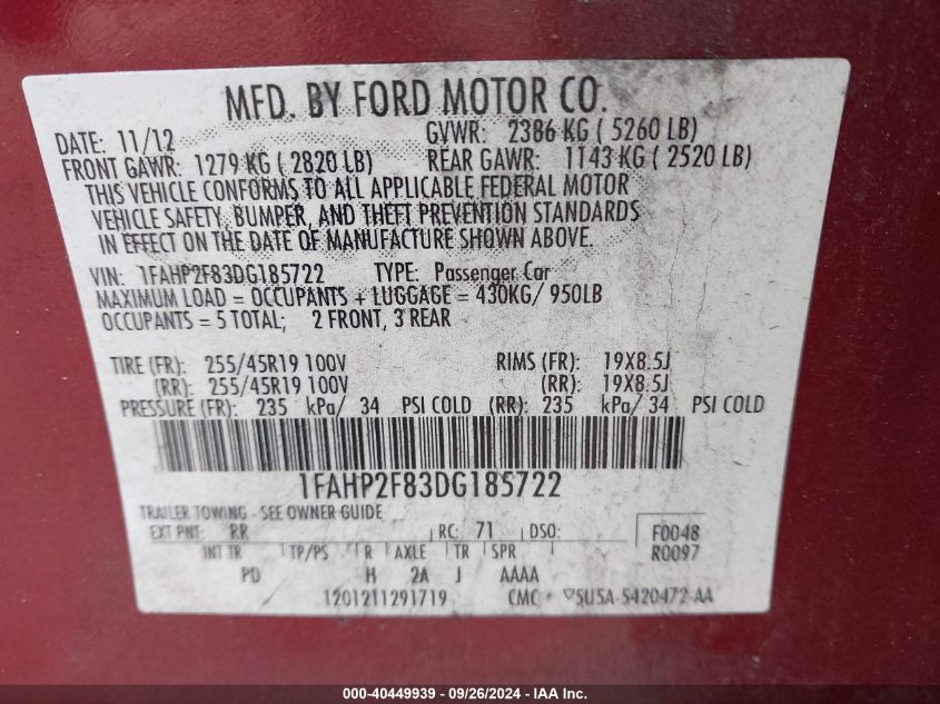 2013 Ford Taurus Limited VIN: 1FAHP2F83DG185722 Lot: 40449939