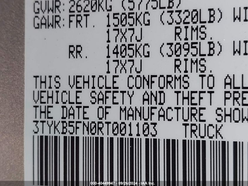 2024 Toyota Tacoma Sr5 VIN: 3TYKB5FN0RT001103 Lot: 40449947