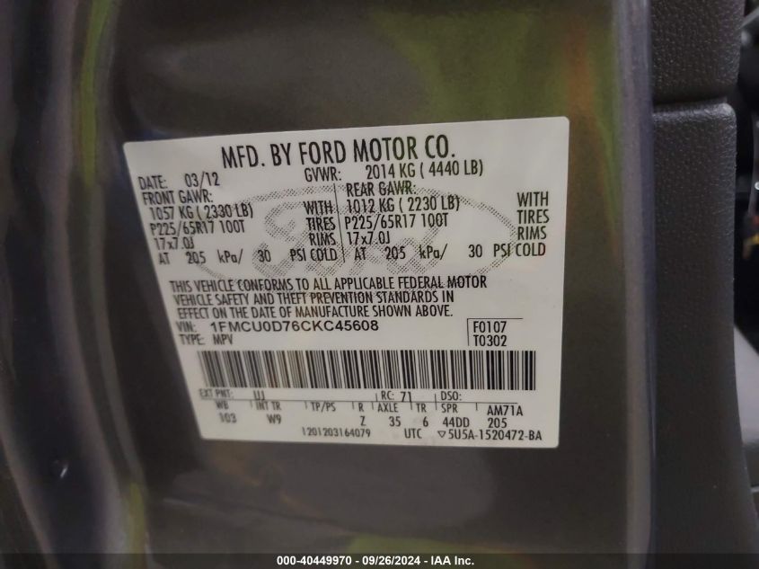 1FMCU0D76CKC45608 2012 Ford Escape Xlt