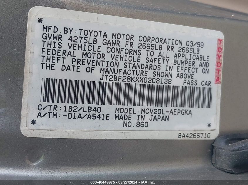 JT2BF28KXX0208138 1999 Toyota Camry Xle V6