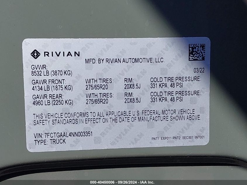 2022 Rivian R1T Launch Edition VIN: 7FCTGAAL4NN003351 Lot: 40450006