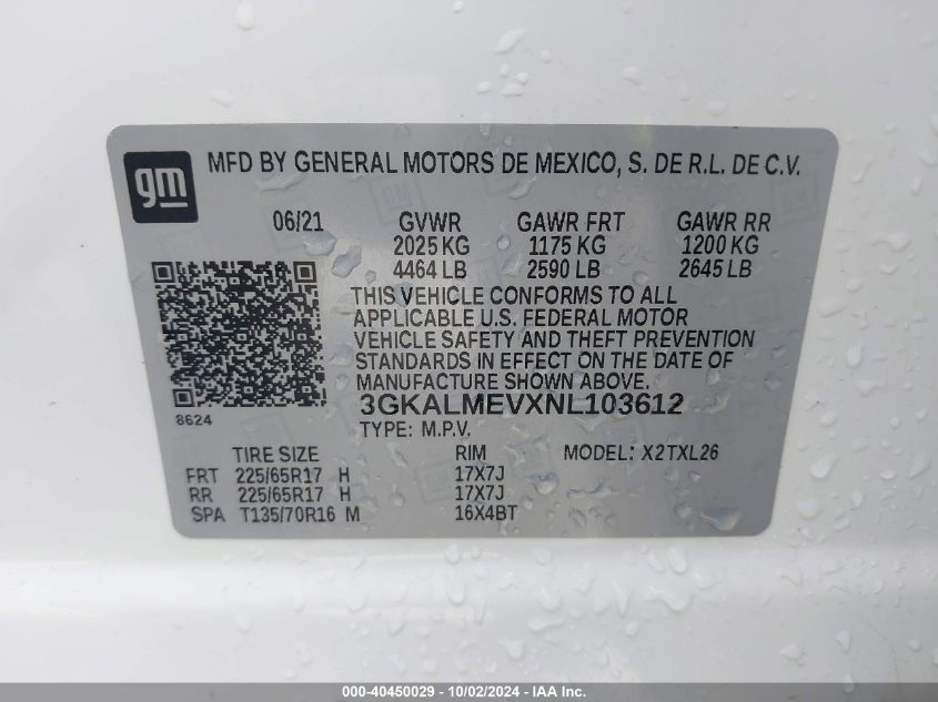 2022 GMC Terrain Fwd Sle VIN: 3GKALMEVXNL103612 Lot: 40450029