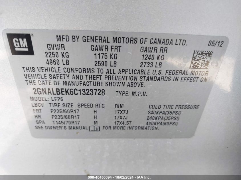 2GNALBEK6C1323728 2012 Chevrolet Equinox Ls