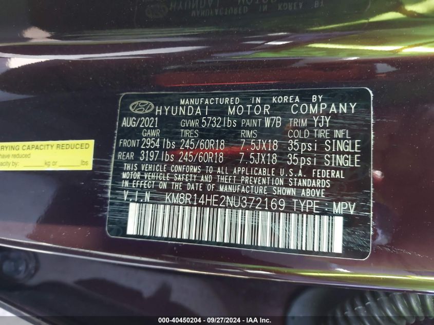 2022 Hyundai Palisade Se VIN: KM8R14HE2NU372169 Lot: 40450204