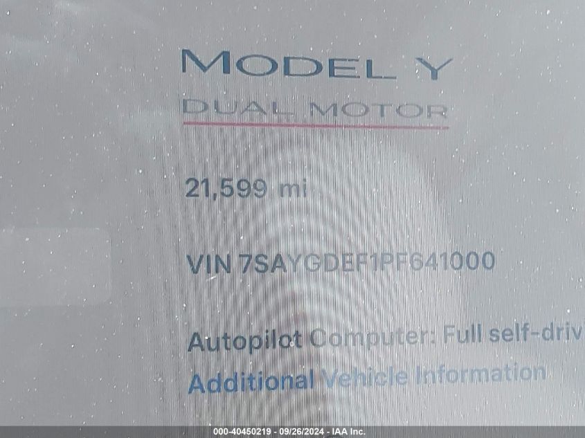 2023 Tesla Model Y Awd/Performance Dual Motor All-Wheel Drive VIN: 7SAYGDEF1PF641000 Lot: 40450219