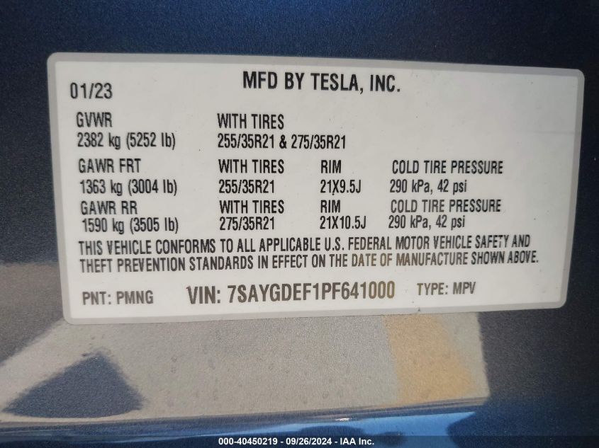 2023 Tesla Model Y Awd/Performance Dual Motor All-Wheel Drive VIN: 7SAYGDEF1PF641000 Lot: 40450219