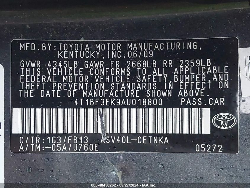 2010 Toyota Camry Le VIN: 4T1BF3EK9AU018800 Lot: 40450262