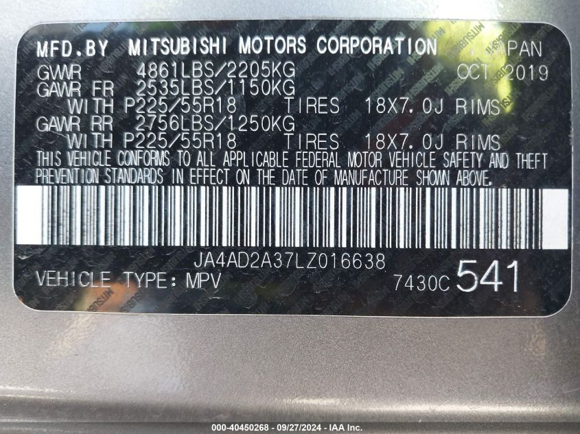 2020 Mitsubishi Outlander Es 2.4 VIN: JA4AD2A37LZ016638 Lot: 40450268