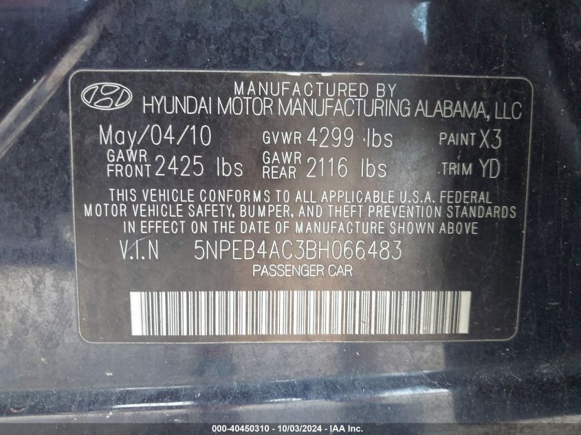 5NPEB4AC3BH066483 2011 Hyundai Sonata Gls