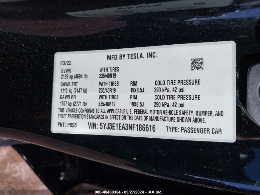 2022 Tesla Model 3 VIN: 5YJ3E1EA3NF186616 Lot: 40450354