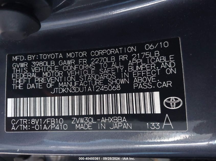 2010 Toyota Prius I/Ii/Iii/Iv/V VIN: JTDKN3DU1A1245068 Lot: 40450361