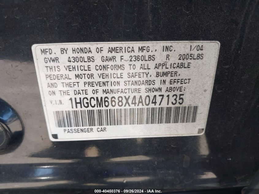 1HGCM668X4A047135 2004 Honda Accord Sdn Ex