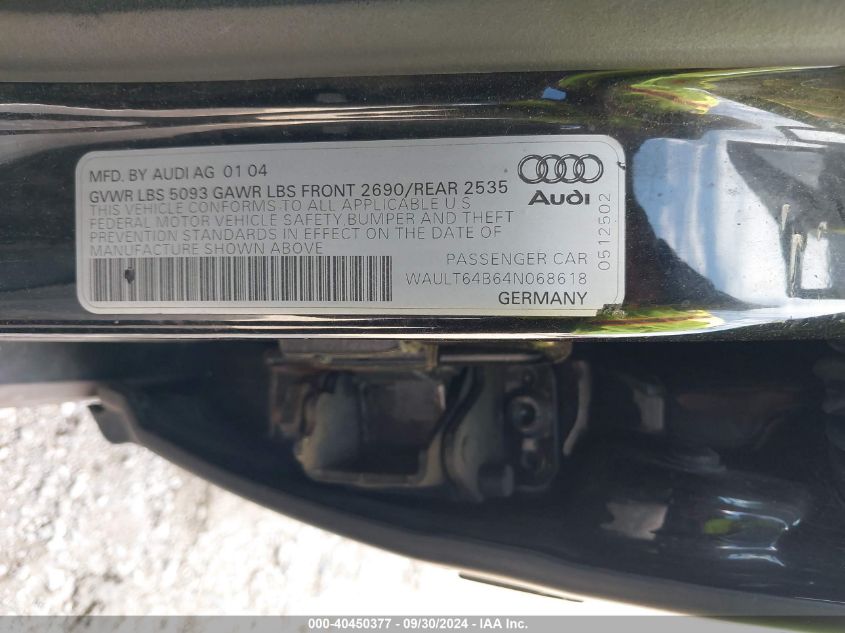 2004 Audi A6 3.0 VIN: WAULT64B64N068618 Lot: 40450377