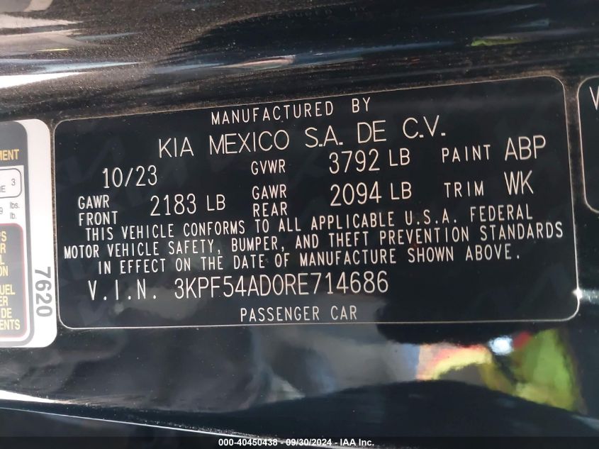 2024 Kia Forte Gt Line VIN: 3KPF54AD0RE714686 Lot: 40450438