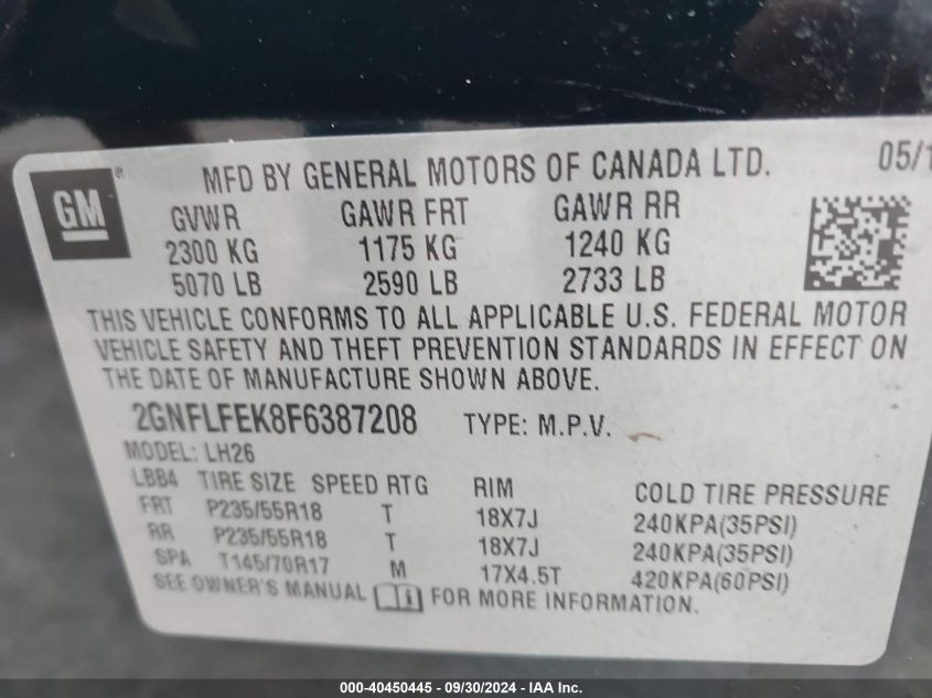 2GNFLFEK8F6387208 2015 Chevrolet Equinox 1Lt