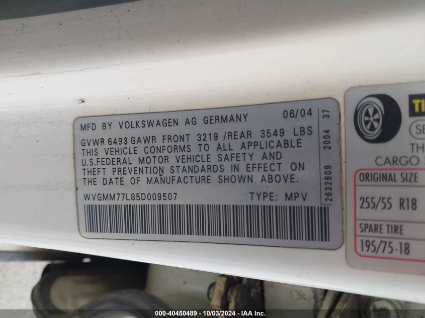 WVGMM77L85D009507 2005 Volkswagen Touareg V8