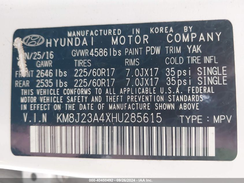 KM8J23A4XHU285615 2017 Hyundai Tucson Se