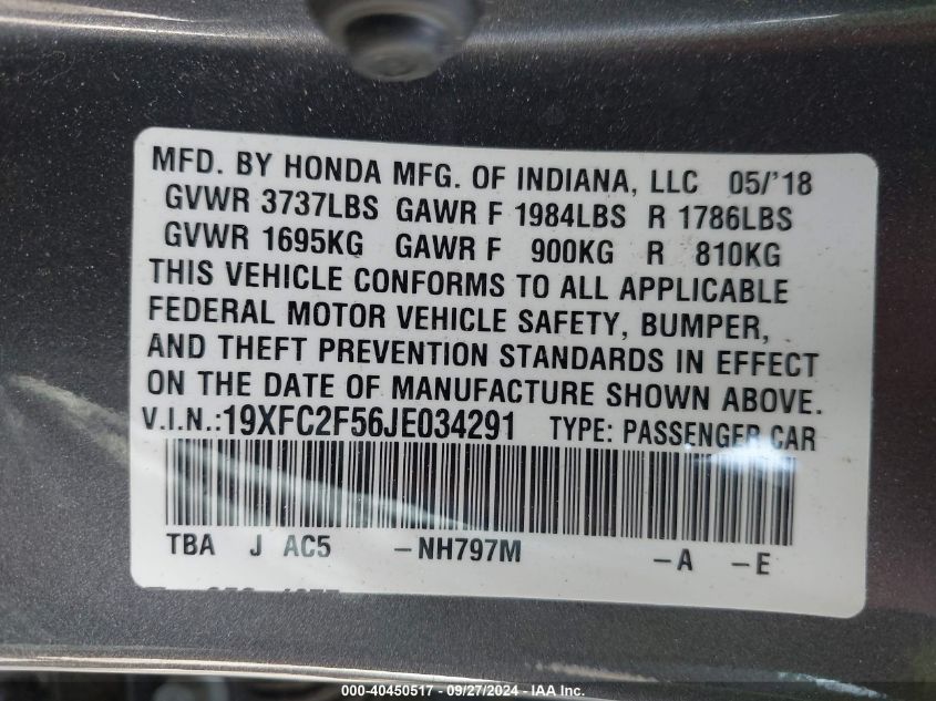 2018 Honda Civic Lx VIN: 19XFC2F56JE034291 Lot: 40450517