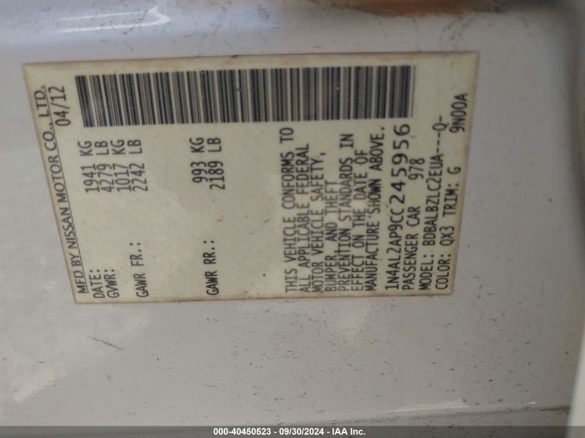 2012 Nissan Altima S VIN: 1N4AL2AP9CC245956 Lot: 40450523