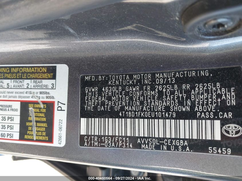 4T1BD1FK0EU101479 2014 Toyota Camry Hybrid Xle