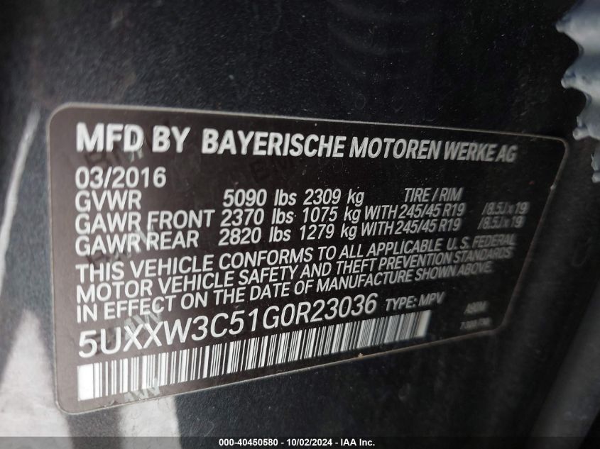 5UXXW3C51G0R23036 2016 BMW X4 xDrive28I