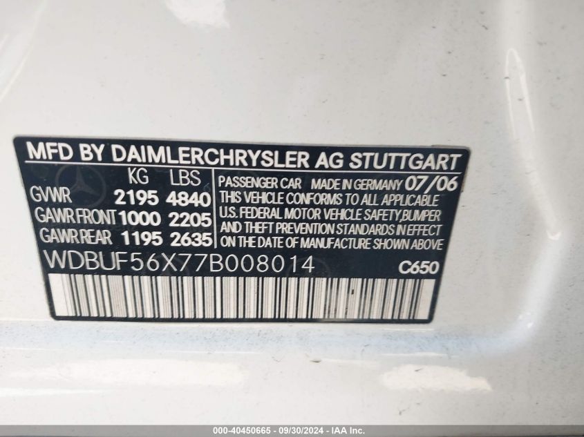 2007 Mercedes-Benz E 350 VIN: WDBUF56X77B008014 Lot: 40450665