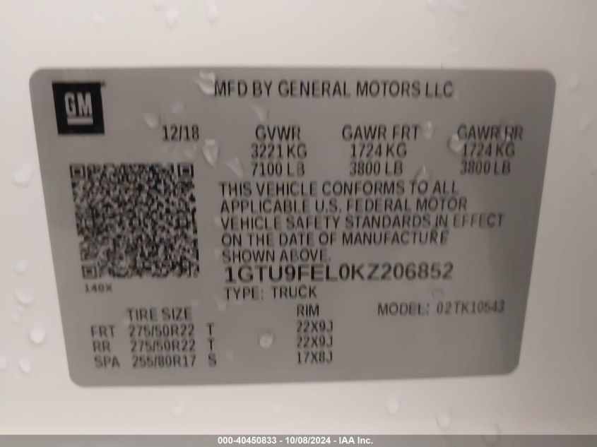 1GTU9FEL0KZ206852 2019 GMC Sierra 1500 Denali