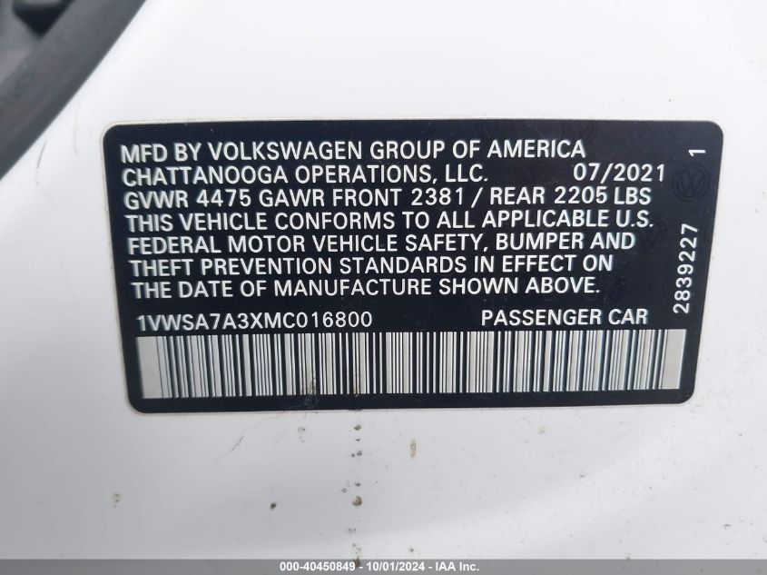 1VWSA7A3XMC016800 2021 Volkswagen Passat 2.0T Se