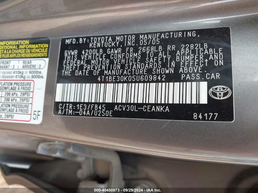 4T1BE30K05U609842 2005 Toyota Camry Le