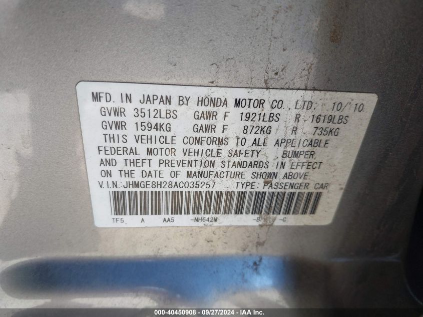 JHMGE8H28AC035257 2010 Honda Fit