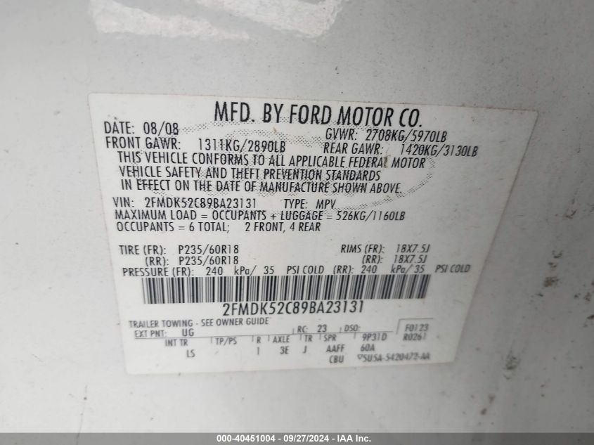 2FMDK52C89BA23131 2009 Ford Flex Sel