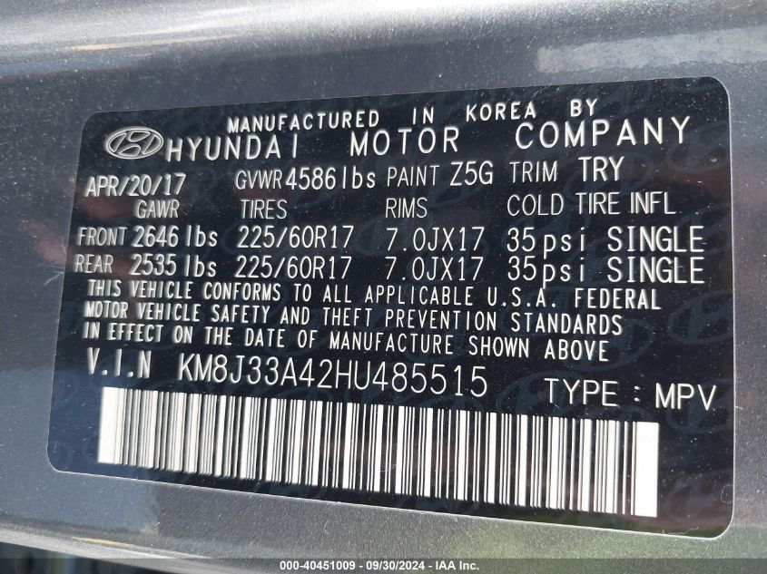 KM8J33A42HU485515 2017 Hyundai Tucson Se