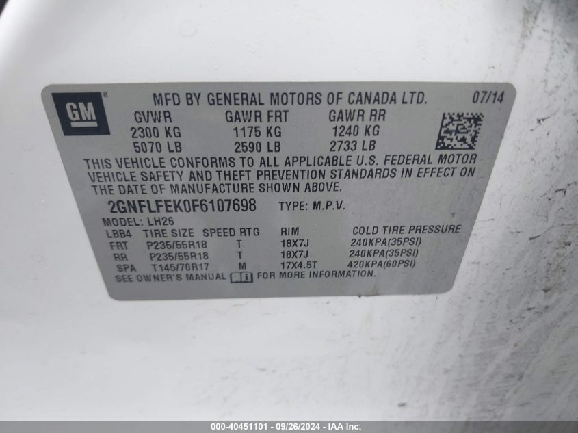 2GNFLFEK0F6107698 2015 Chevrolet Equinox 1Lt