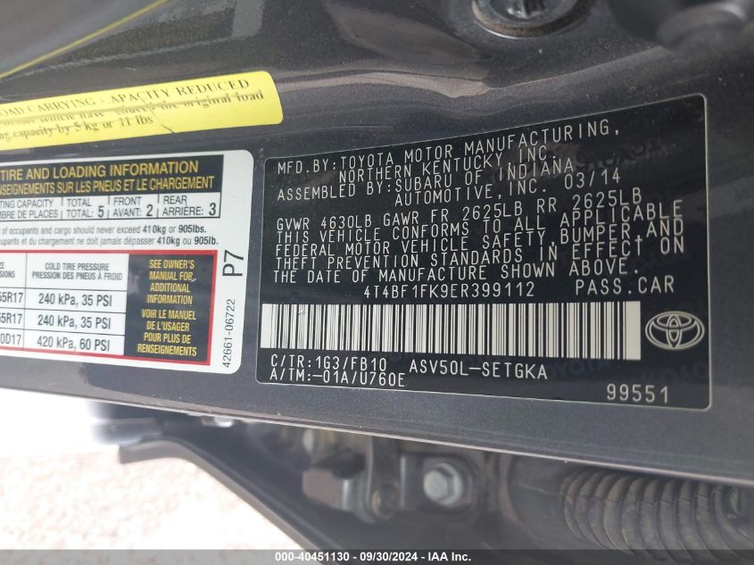 4T4BF1FK9ER399112 2014 Toyota Camry Xle