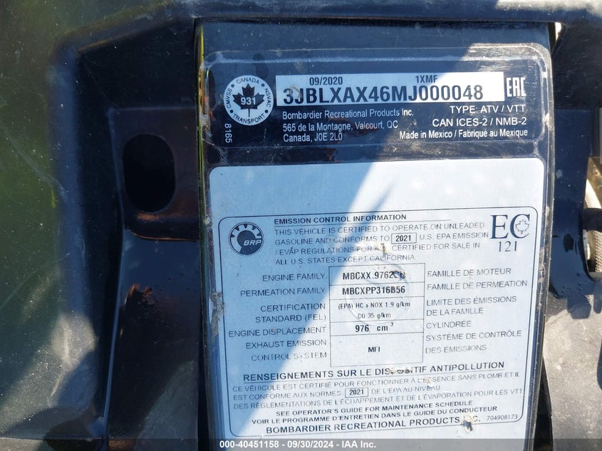 2021 CAN-AM OUTLANDER X XC 1000R 3JBLXAX46MJ000048