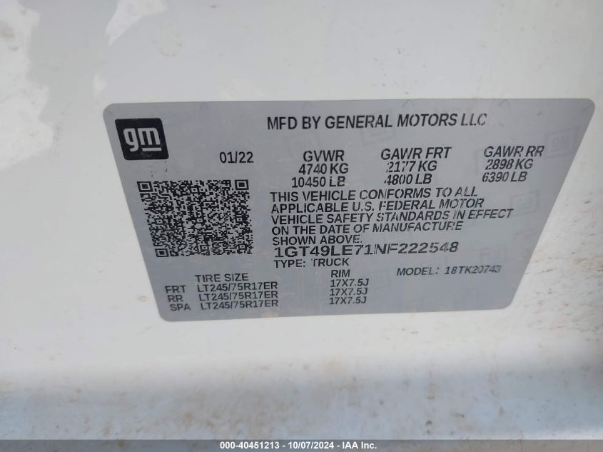 2022 GMC Sierra 2500Hd 4Wd Standard Bed Pro VIN: 1GT49LE71NF222548 Lot: 40451213