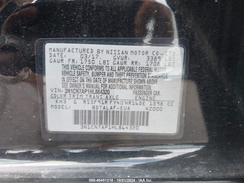 3N1CN7AP1HL864320 2017 Nissan Versa S/S Plus/Sv/Sl