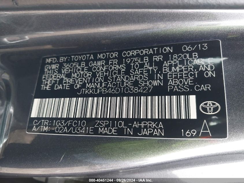 2013 Scion Xd VIN: JTKKUPB46D1038427 Lot: 40451244