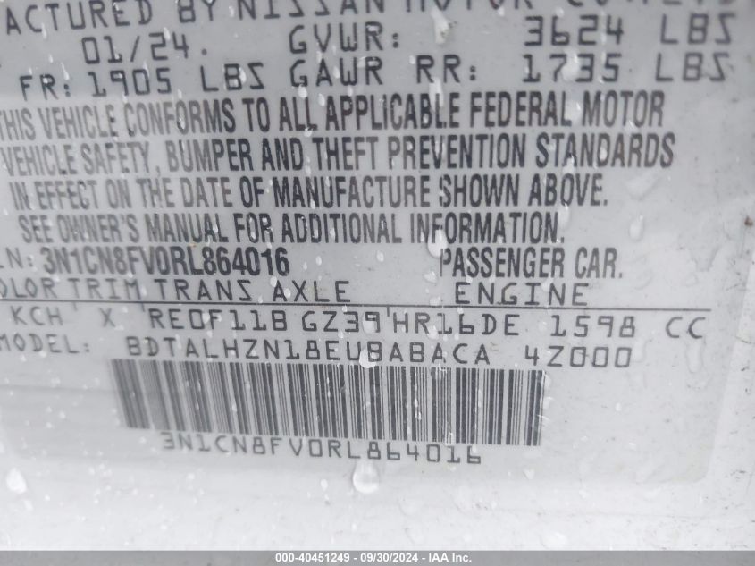 2024 Nissan Versa Sr VIN: 3N1CN8FV0RL864016 Lot: 40451249