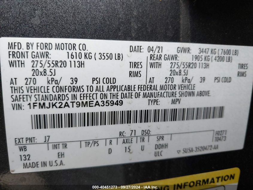 1FMJK2AT9MEA35949 2021 Ford Expedition Limited Max