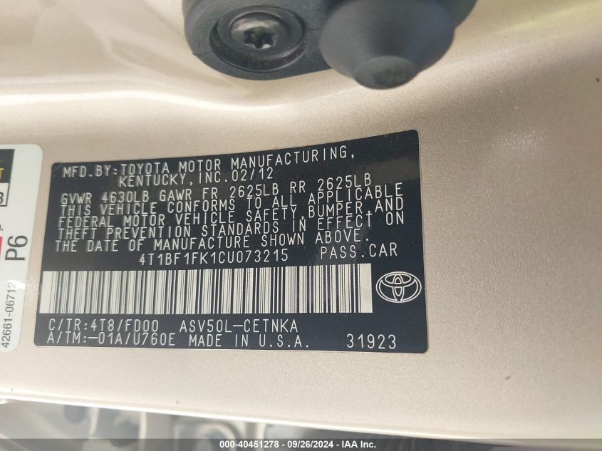 4T1BF1FK1CU073215 2012 Toyota Camry Le